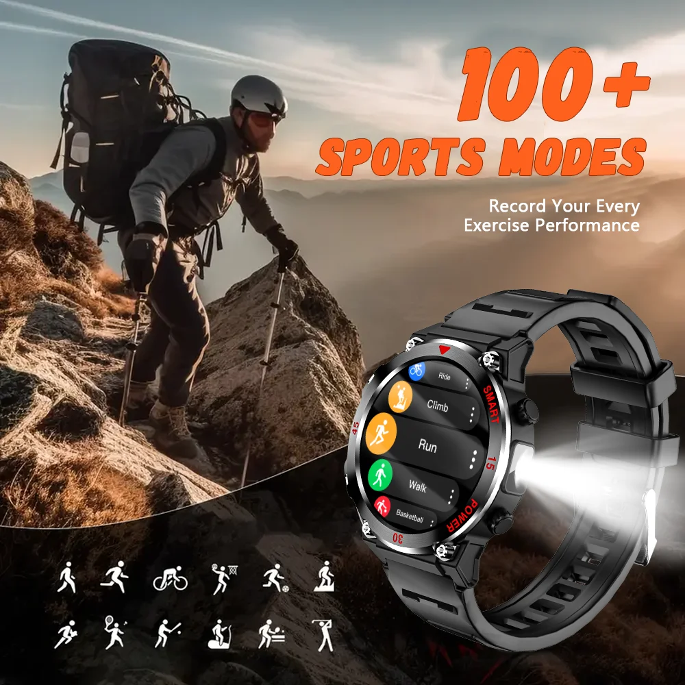 LAXASFIT 2025 New Outdoor Smart Watch LED Flashlight Men's Bluetooth Calling Sports Fitness Tracking Smart Watch For Xiaomi
