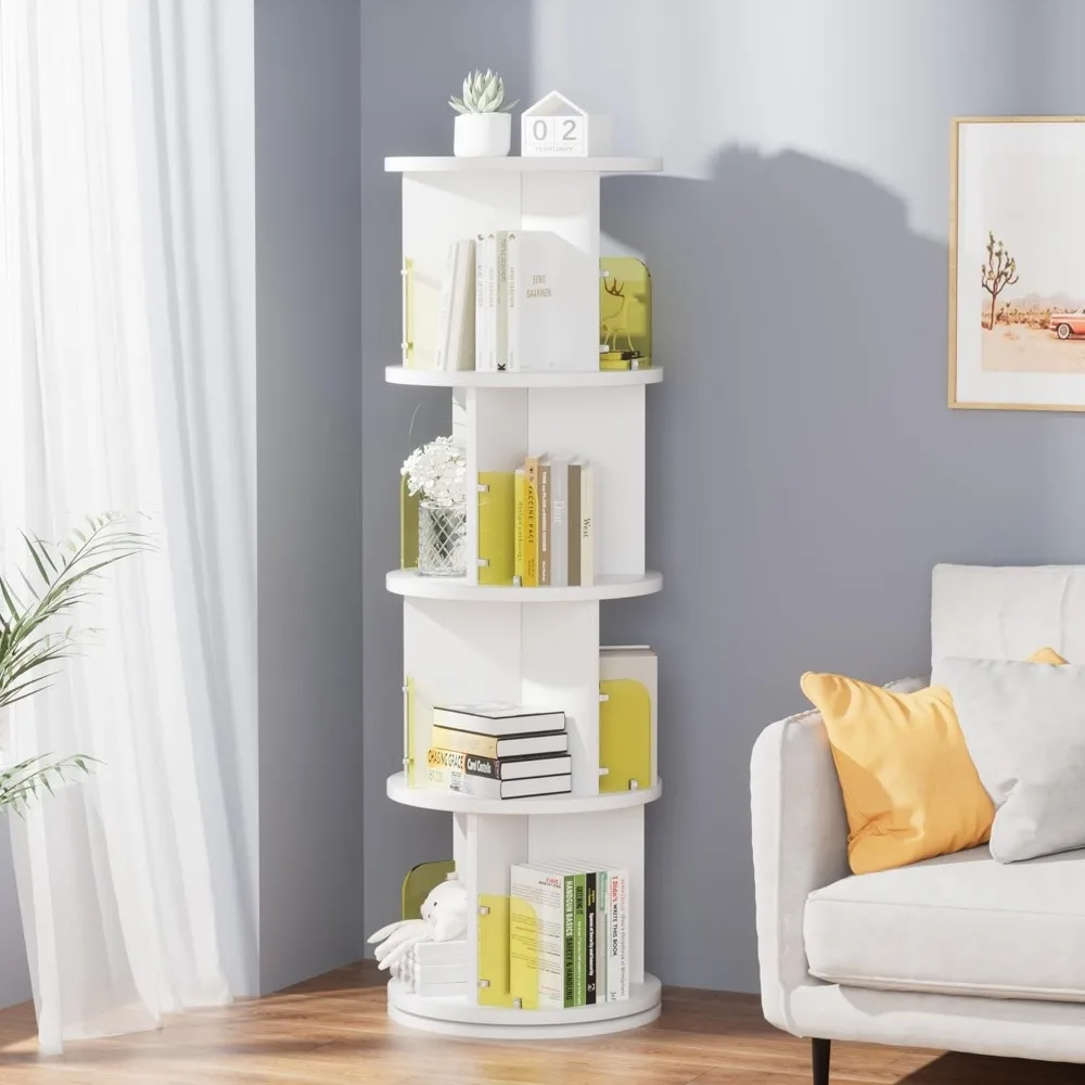 360° Rotating Bookshelf Tower, Round Stackable Storage Display Rack Floor Standing for Kids & Adults Solid Wood, White