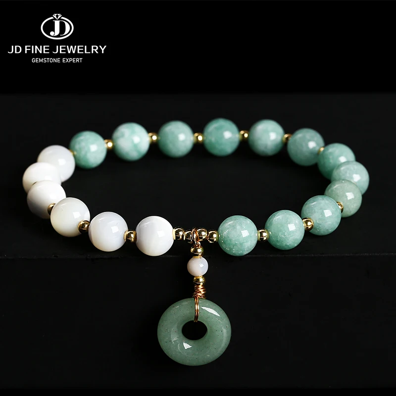 

JD Natural Shell Bead With Myanmar Jade Peace Buckle Pendant Beaded Bracelets Women Vintage Luxury Stretch Yoga Healing Jewelry