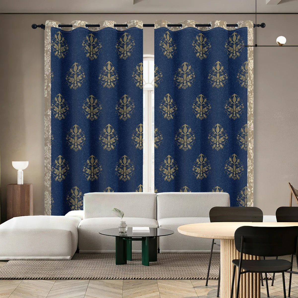 Navy Blue & Gold Damask Damask Stripe Blackout Curtains - Luxury Grommet Top Window Drapes for Bedroom & Living Room Decor