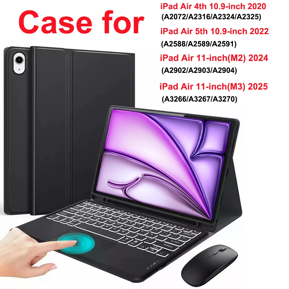

Чехол для iPad Air 11 дюймов (M2) 2024 (M3) 2025, клавиатура с Bluetooth для iPad Air 4-го поколения 2020 и 5-го поколения 2022, 10,9 дюйма