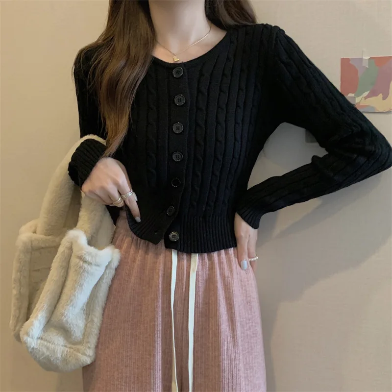 Retro style Fried Dough Twists Button O-Neck Women\'s cardigan knitting shirt sweater Long sleeved tops jacket coat Youth Elegant