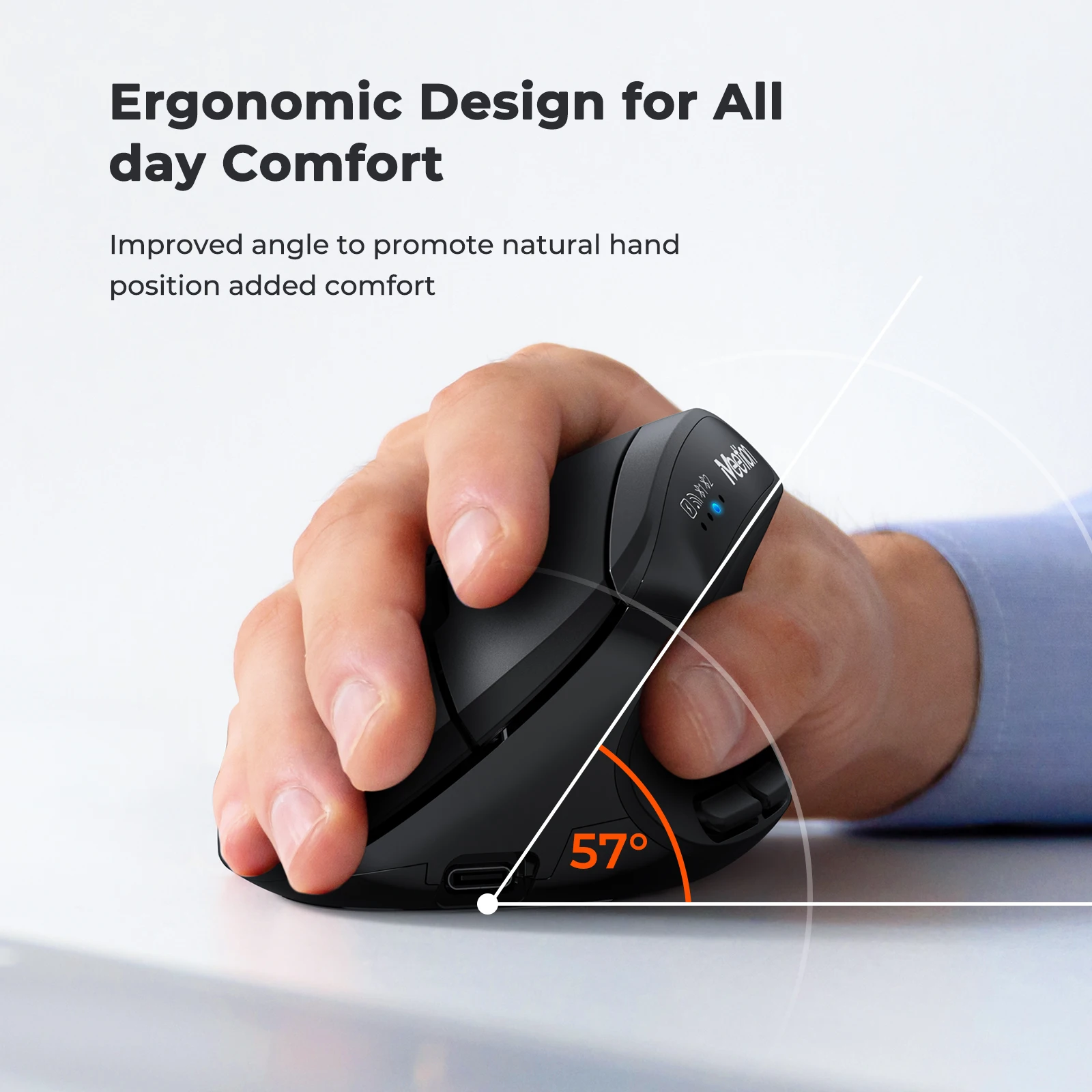BTM008 2.4G Bluetooth 5.0 Ergonomic Vertical Wireless Mouse, 2400DPI Rechargeable USB-C Silent Click Computer Laptop Accessory