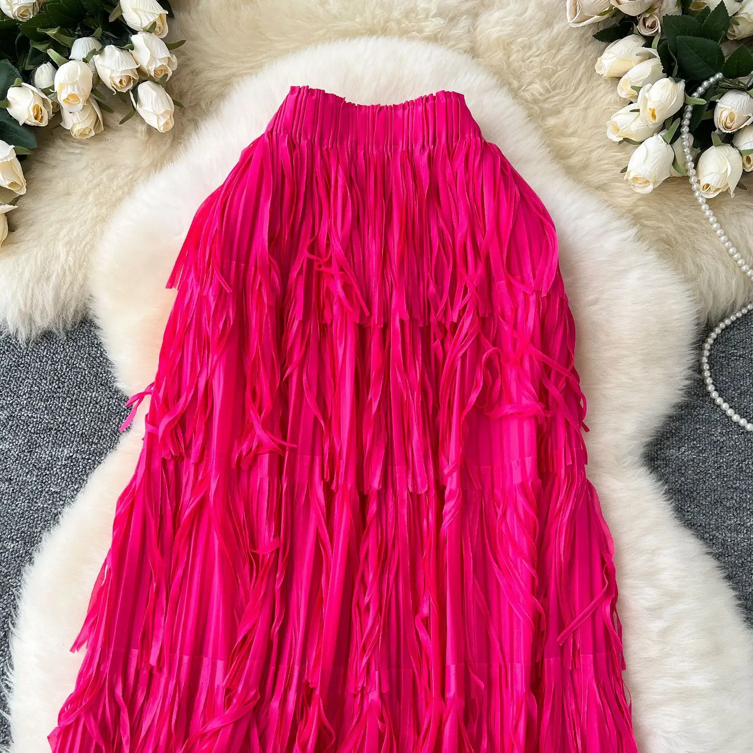 New In 2026 Spring Summer Tassel Midi Long Skirt For Women Trendy High Waist Streetwear Casual Skirts