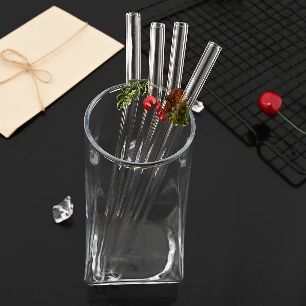 عيد الميلاد قابلة لإعادة الاستخدام عالية البورسليكات الزجاج شفاطات للشرب عازمة القش مجموعة مع فرشاة الحليب هزة القهوة كوكتيل القش بار