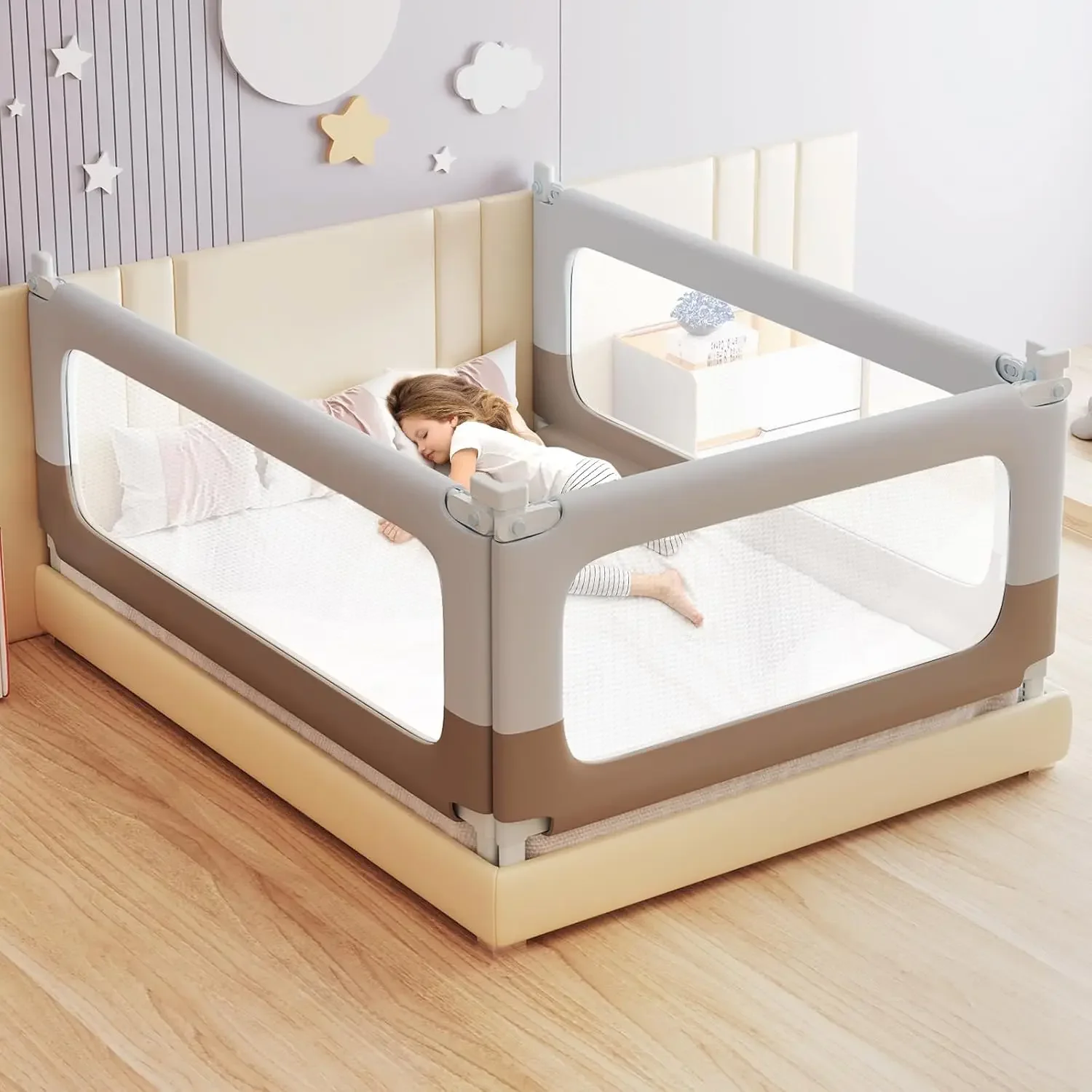 Garde-corps pour tout-petits 3 côtés – Serrure double pour enfant, Rail de lit de sécurité pour enfants, nourrissons – Enfant extra haut réglable en hauteur