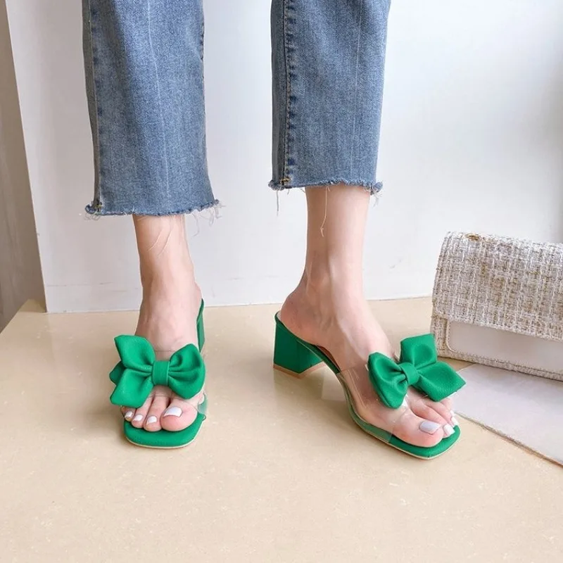 Heeled Women Slippers Bow High Heels Sandals Woman Shoes 2025 Trend Fashion Chunky Pumps Summer Dress Shallow Mujer Zapatos view 5