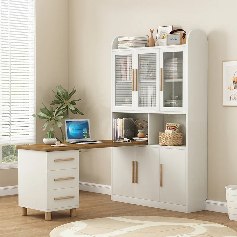 

Nordic corner desk bookshelf home student writing computer solid wood cabinet integrated half bay window 7-shaped simple