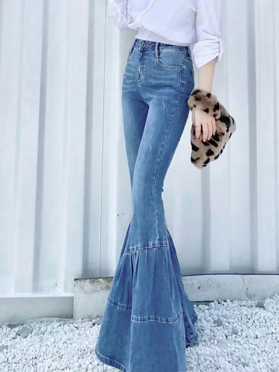 Blue Flared Fashionable Jeans Women's Autumn Winter High Waist Wide Leg Slim Fit Bell-Bottom Female Lengthened Denim Pants