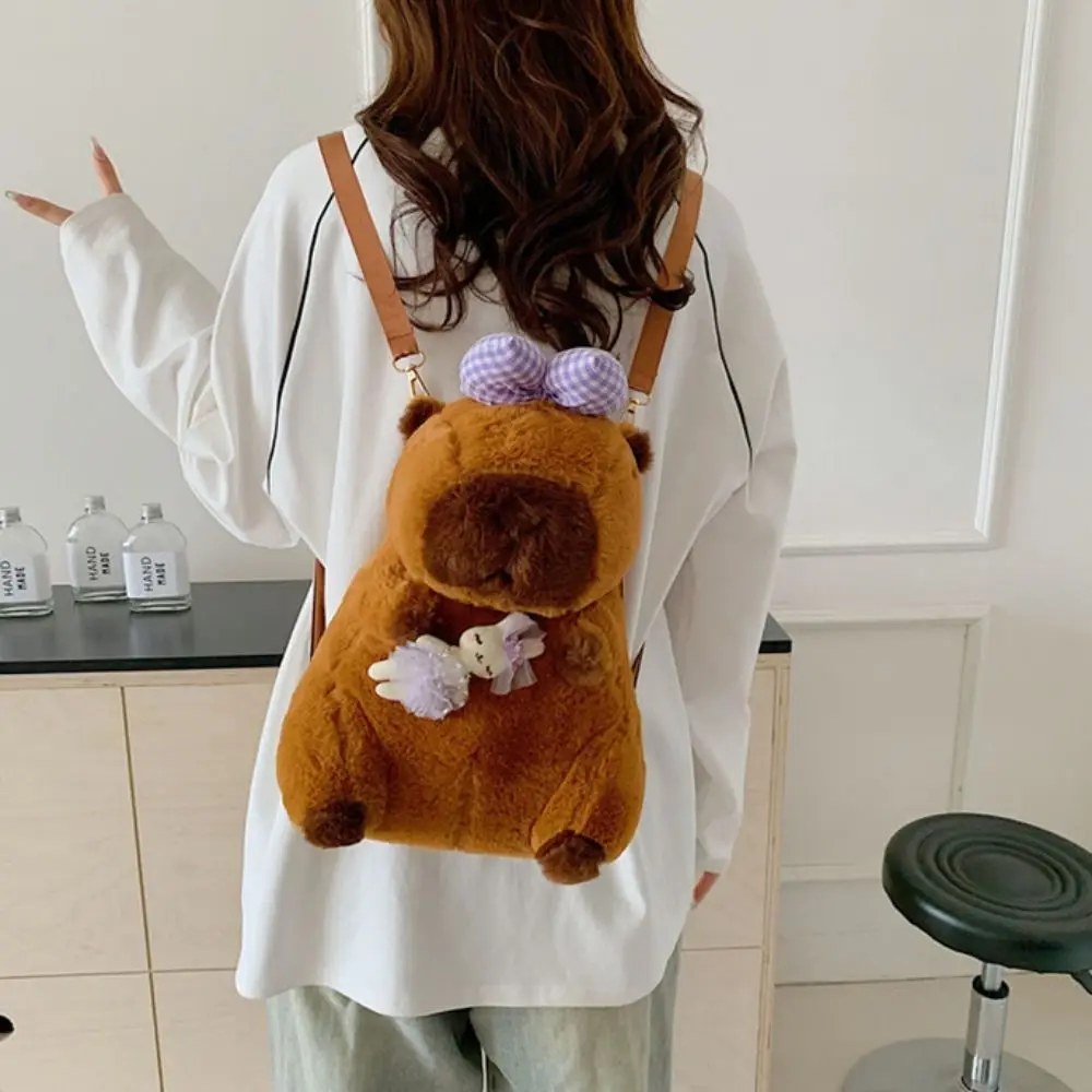 Sac à dos en peluche poupée animaux Lolita Capybara, sac à bandoulière en peluche avec nœud papillon, sac d'école de grande capacité