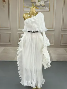 Miyake Fashion Design Dress Slanted Shoulder Solid Color Loose Women's Clothing Medium Length Elegant Dresses 2025 Summer New 5