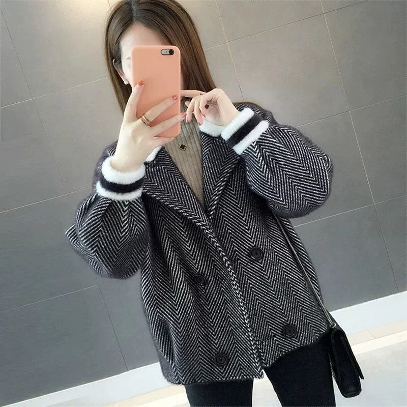 

Fashion Double Breasted Spring Coats Female Sweater Knitted Mink Jacket Women's Short Section Pretty Herringbone Wool Jackets