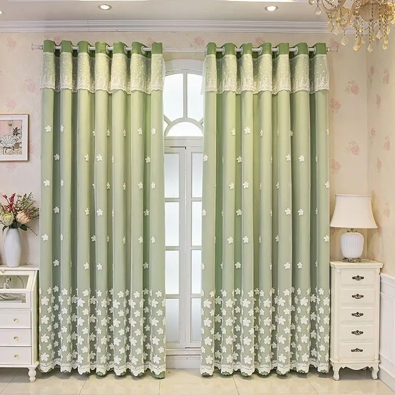 Modern Korean Style Double Layer Curtain Embroidered Sheer Curtain with Valance for Living Room Bedroom