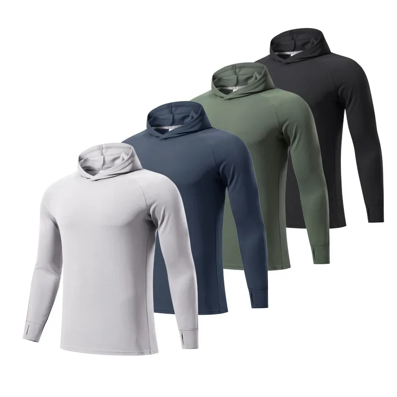 2024 Sports Long Sleeved Sweatshirt for Man Sports Fitness Gym Running Casual Pullover TopsNew Men Black Gray Hoodie Thumb Hole