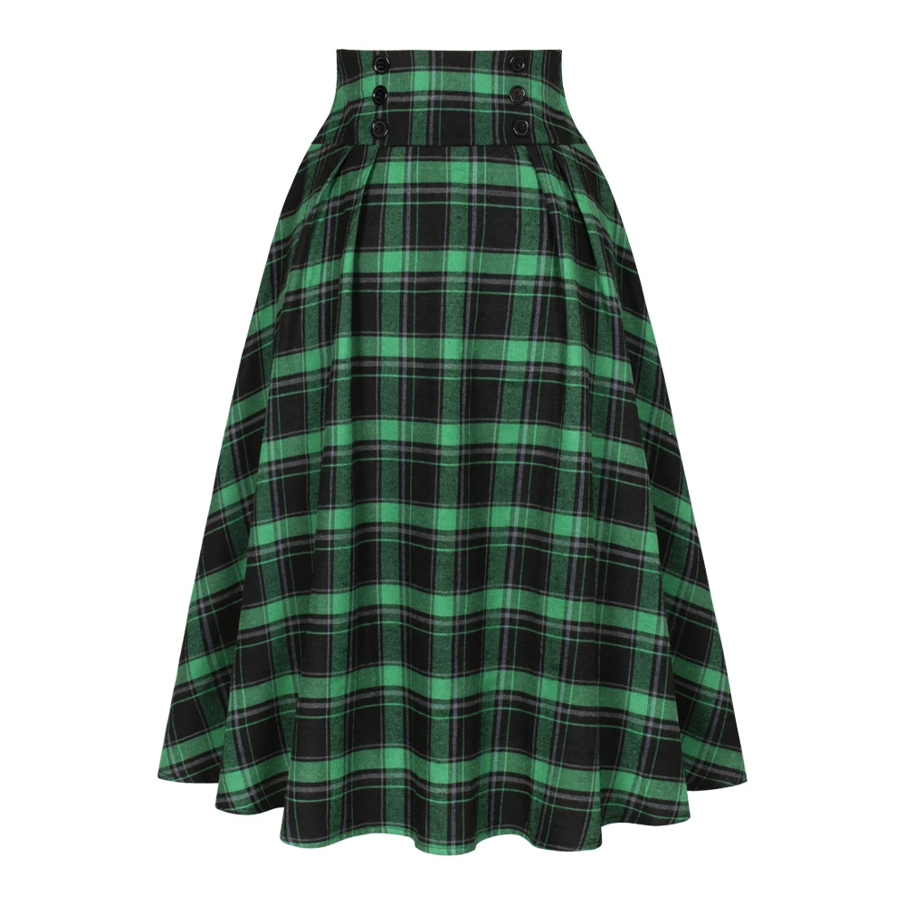 Christmas Green Red Vintage Pleated Plaid Skirt Autumn Winter High Waist Midi Skirts Button Decoration Plus Size Skirt SS0037