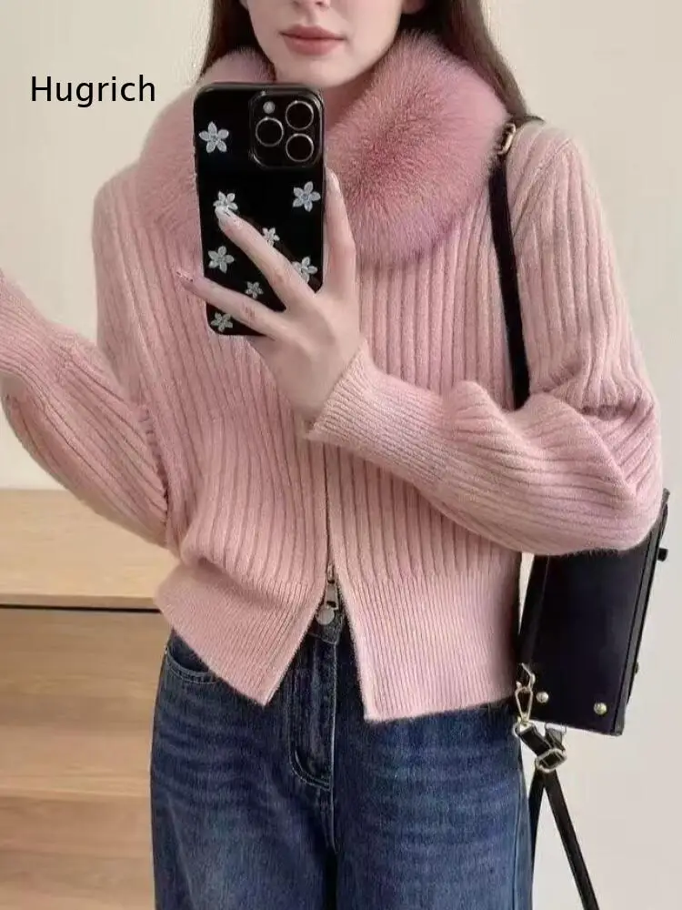 Zip Front Ribbed Knit Cardigan Women Removable Faux Fur Collar Long Sleeve Cropped Knitwear for Daily and Dating Outfits