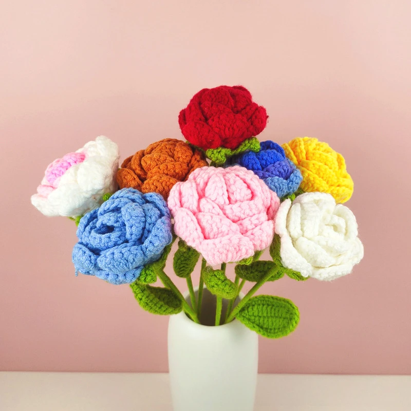 

1pcs Knitted Rose Artificial Flowers Crochet Handmade Red Rose Wedding Home Party Table Decoration Creative Gift for Woman Girls