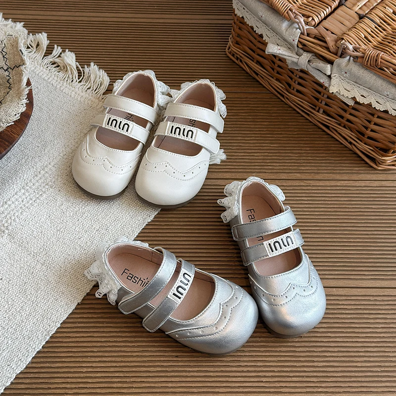 

Girls Ribbons Ruffles Girls PU Leather Shoe Child Shallow Lolita Uniform School Shoes Girl Princess Embroider Letter Mary Janes