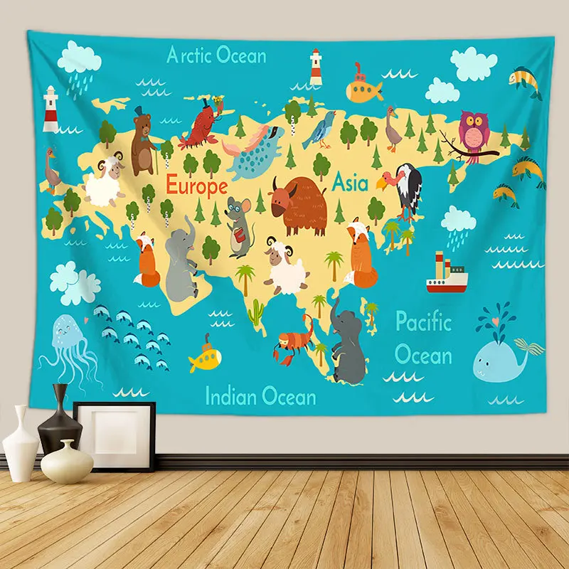 Animals World Map Tapestry Wall Hanging Large Kids Educational Landmarks World Map Tapestry Kindergarten Children\'s Room Decor