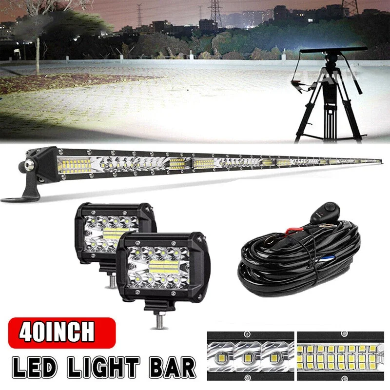 

40"Inch Straight LED Light Bar Ultra Slim Upper Roof Combo Beam LED Off Driving Light With 2pcs 4 Inch 60W Led Pod Lights+Wiring
