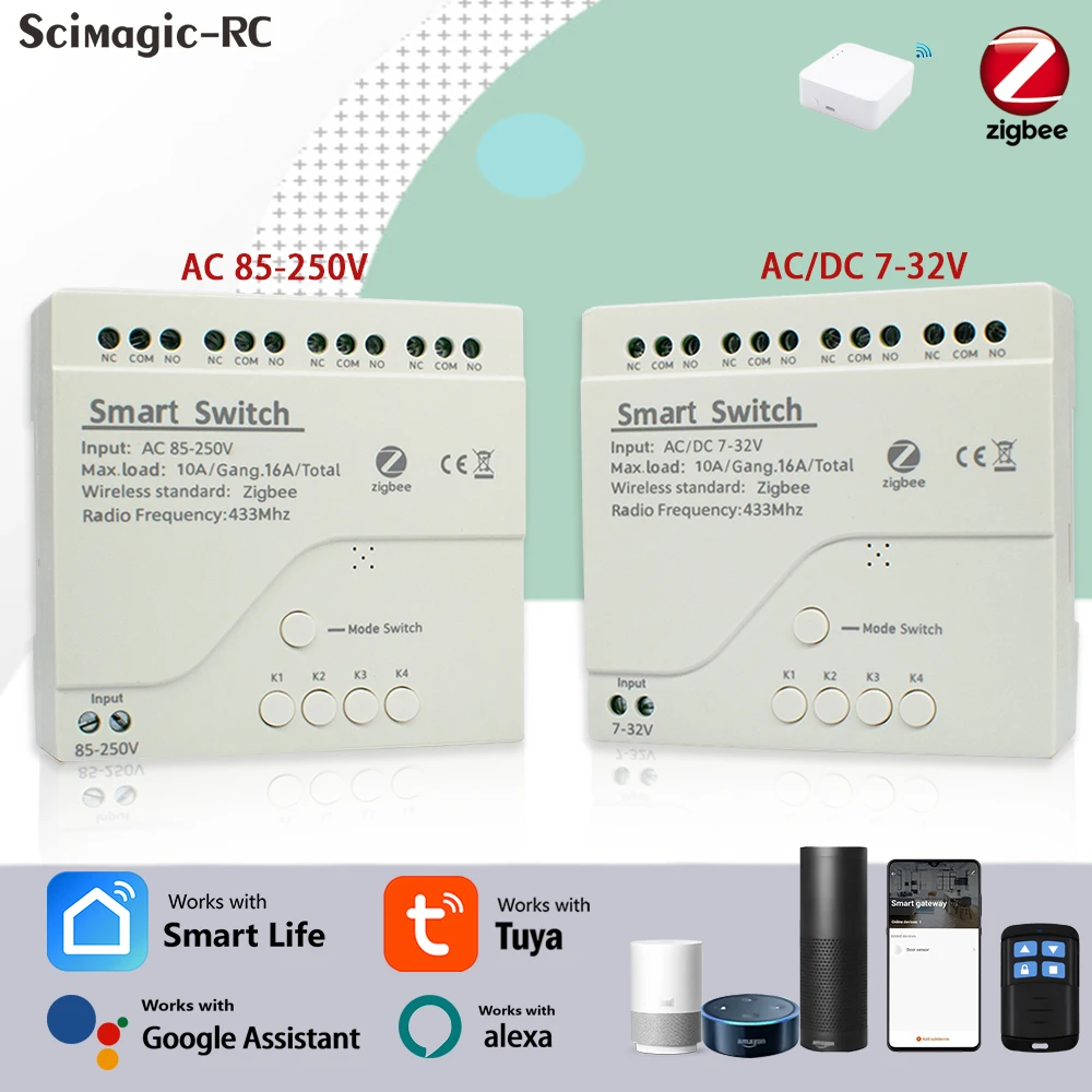 4CH زيجبي تويا المنزل الذكي وحدة التتابع استقبال التيار المتناوب تيار مستمر 7-32 فولت 85-250 فولت الاتصال الجاف يعمل أليكسا جوجل مساعد مفتاح الإضاءة الذكية