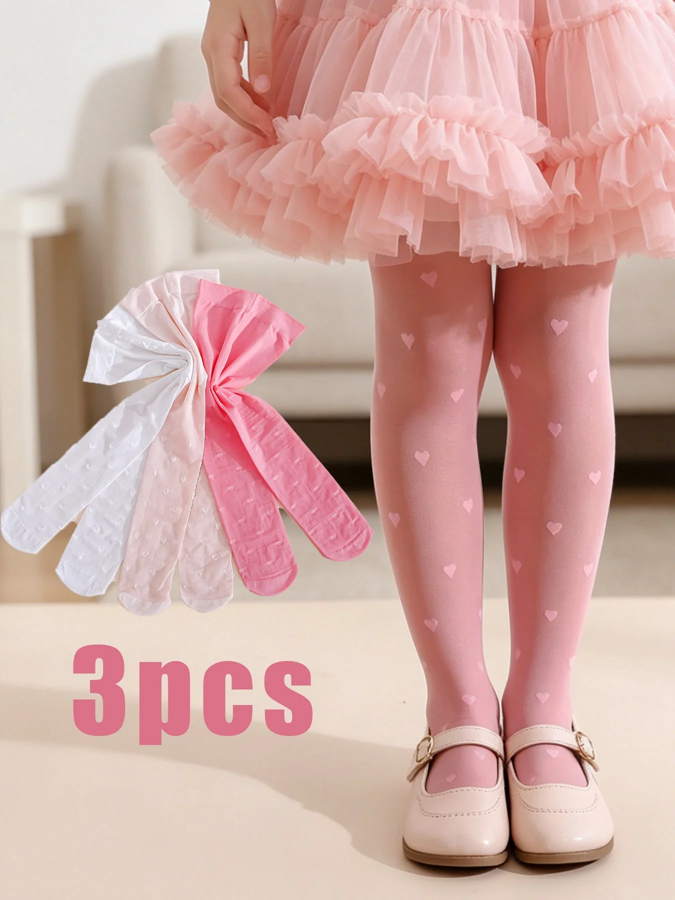 

3Pcs Girls Heart Print Tights 0-14Y Sheer Breathable Nylon Spandex Elastic Kids Pantyhose For Summer Under Dress & Daily Wear