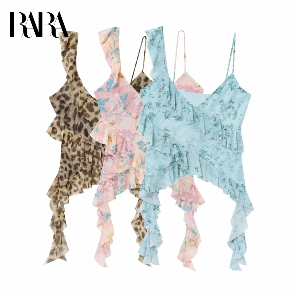 

2025 RARA Summer New Women's Fashion Style Sexy Stacked Decorative Printed Multi Color Silk Mesh Strap Top