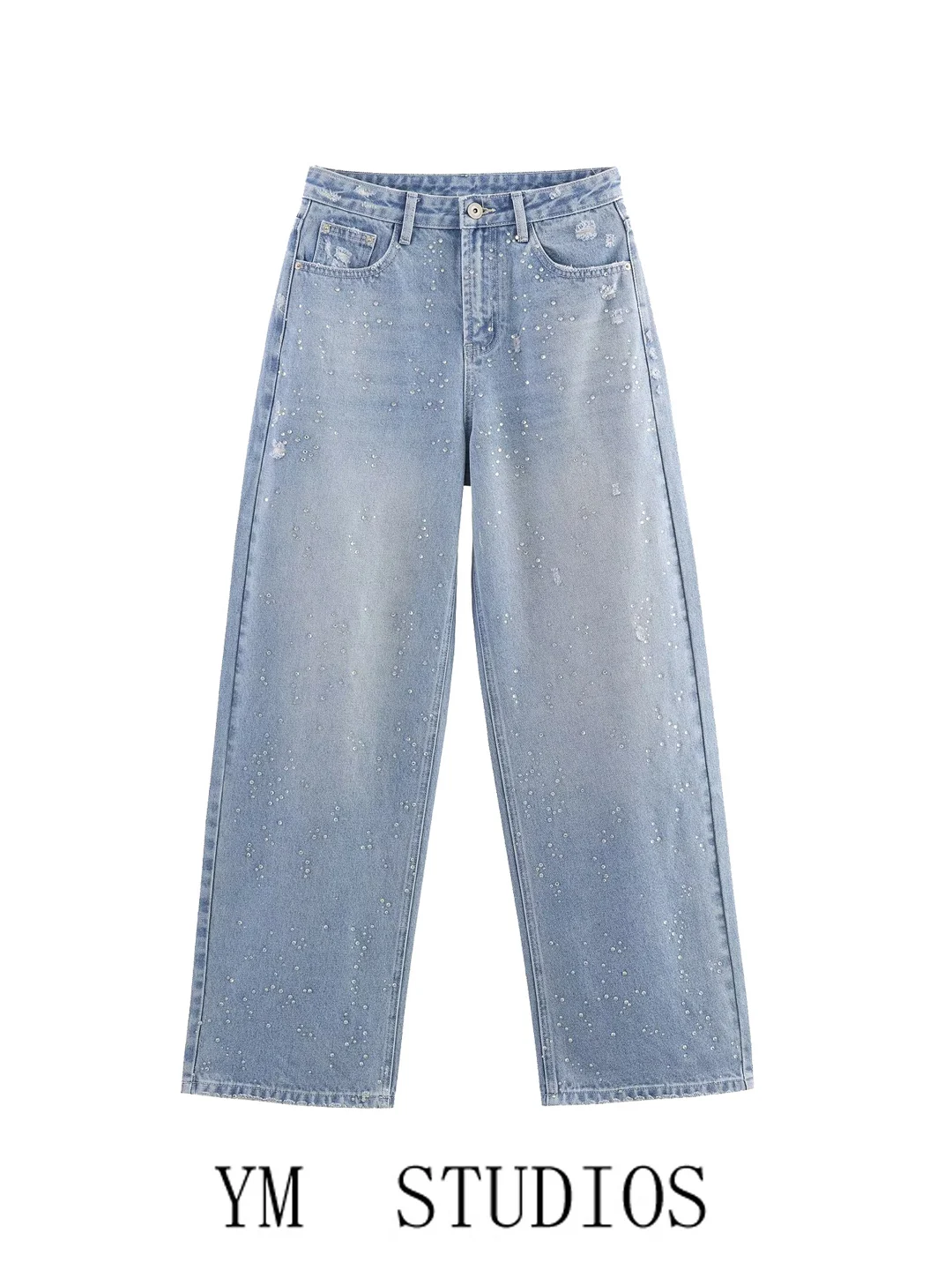 

Женские джинсы с высокой талией, прямые, из светлого денима, с рваными элементами, в американском уличном стиле, с алмазным узором, весенняя коллекция