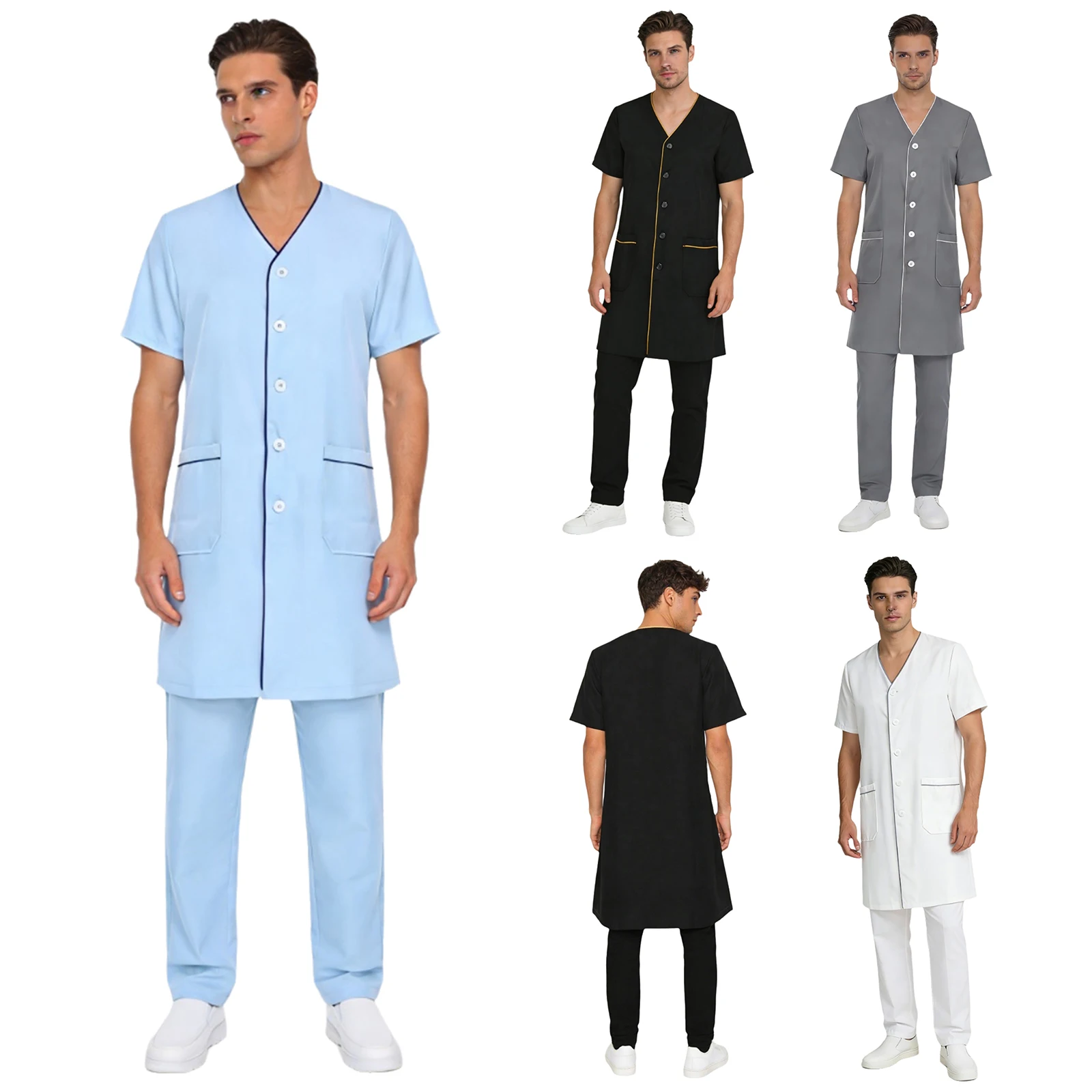 Mens Beautician Workwear V Neck Short Sleeve Front Button Pockets Lab Coat Beauty Uniform Scrub Salon Tattoo Artist Work Dress