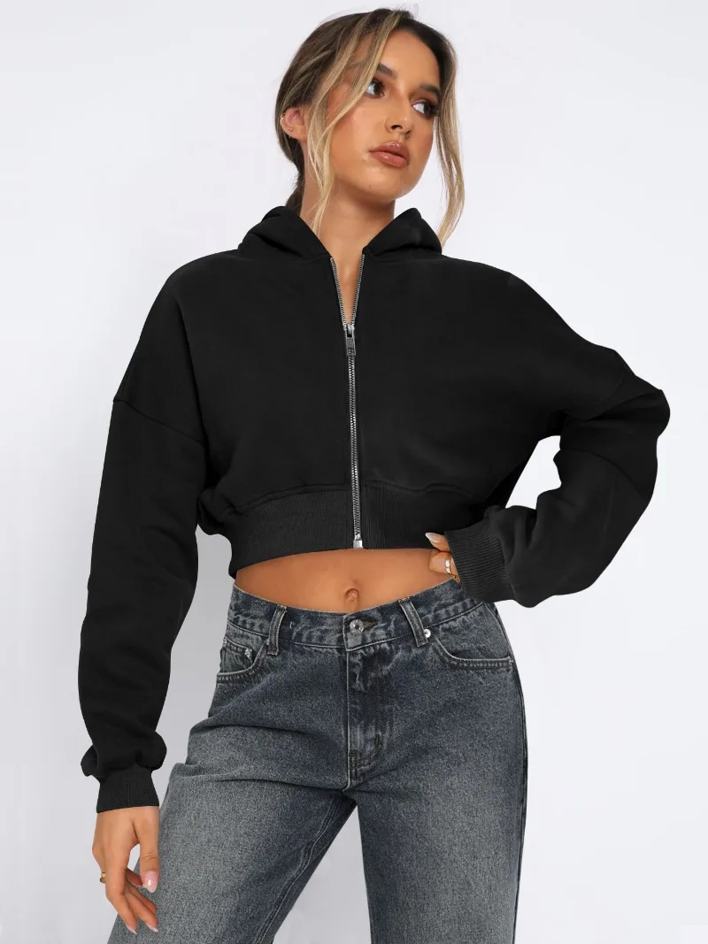 Women'S Casual Solid Colour Short Zip Hoodie Drawstring Hooded Sweatshirt Loose Hooded Zipper Sweatshirt Fashion Outerwear Y2k