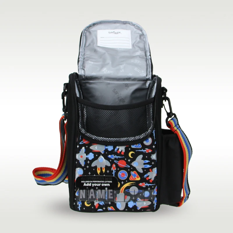 Fiambrera Original de Australia Smiggle para niños, bolsos de hombro para niños, bolsas de mensajero, caja de almuerzo de frutas de astronauta negro, 9 pulgadas