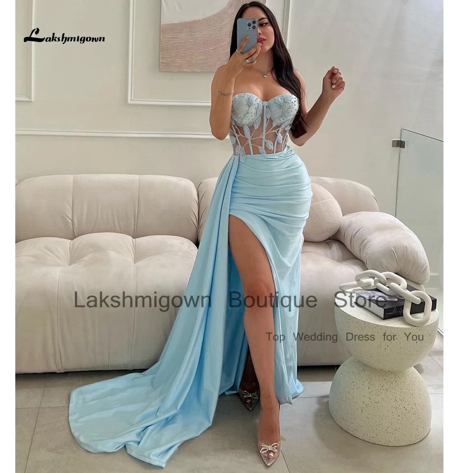 

Lakshmigown Sky Blue Arabic Evening Dress Mermaid Style 2024 Vestidos De Manga Larga Luxury Dress Birthday Beading Corset