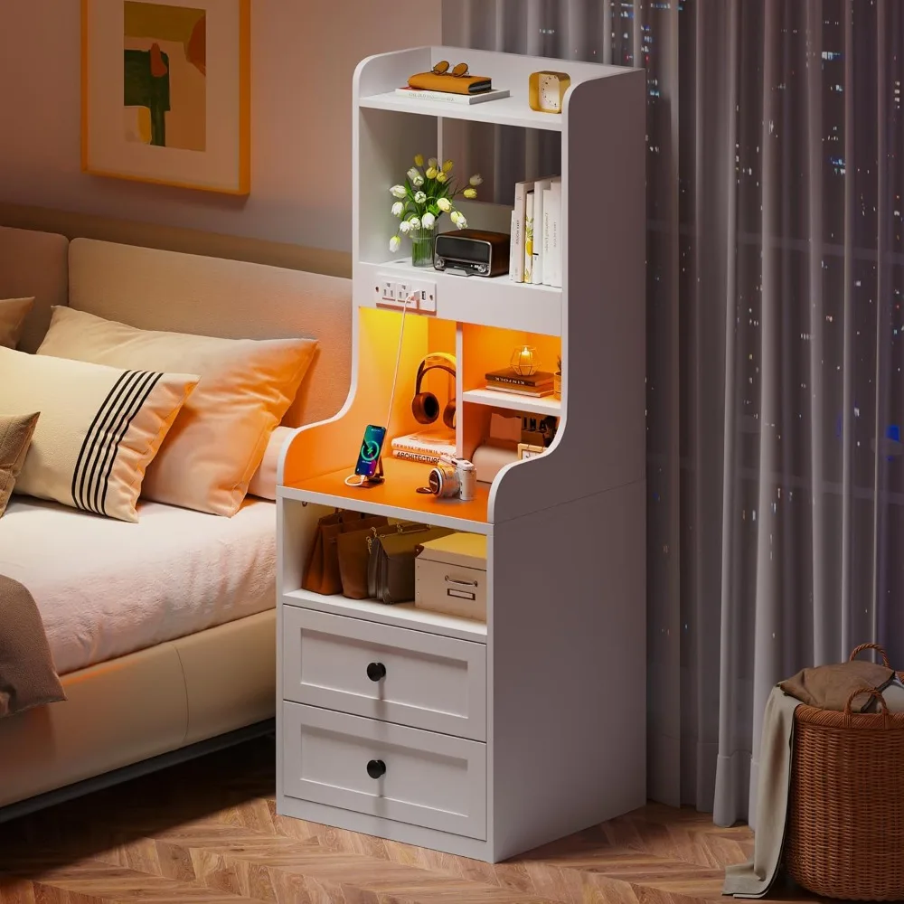 

Tall Nightstand with Charging Station and LED Lights Nightstand with Drawers and Shelves Large LED Nightstand with USB Ports