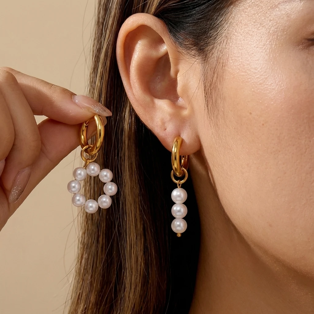 Asymmetrische Edelstahl-Perlen-Creolen mit Glanzfinish für Damen, Ästhetischer Schmuck als Geschenk – Detail 4