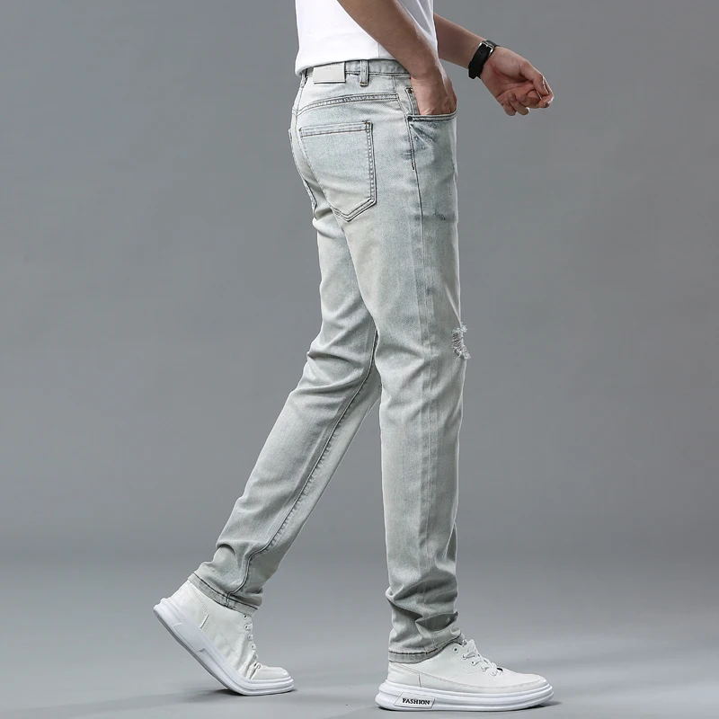 Retro Nostalgic Jeans Men's Summer Thin Ripped Trendy Simple Handsome Street Style All-Matching Slim Fit Skinny Trousers