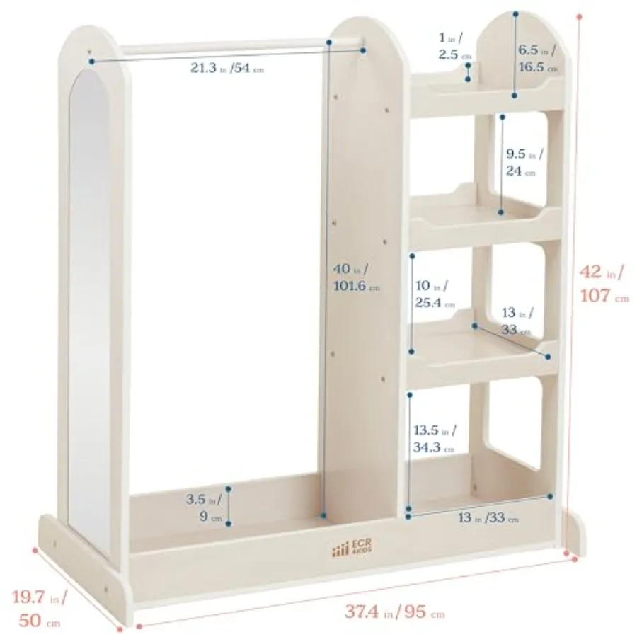 Dress-Up Center with Mirror, Costume Organizer for,White Wash Wood, Space-Saving Storage and Display Solution