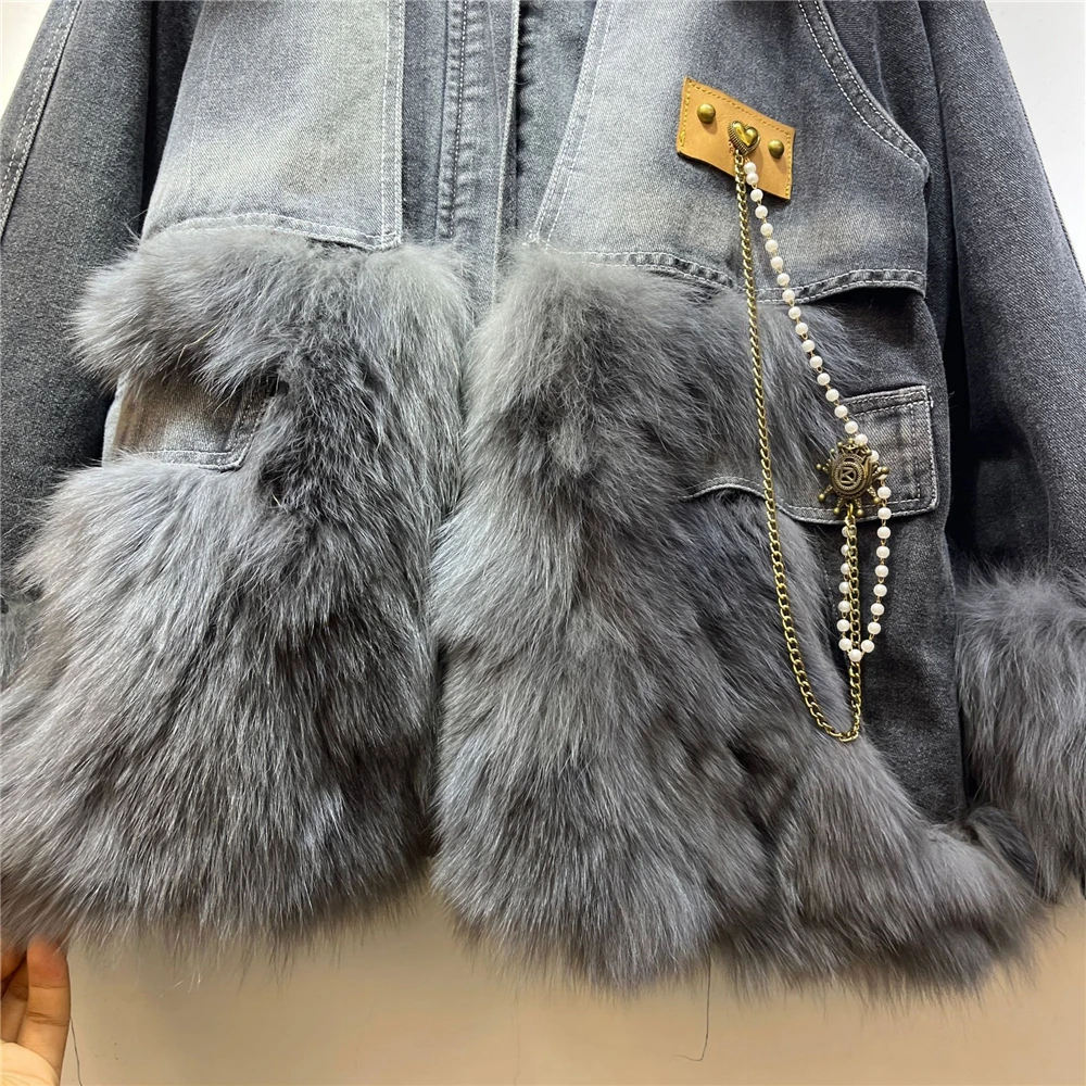 2023 Winter Fox Fur Denim Parka Fur Coat Women Fashion Chain Down Parka Female Thick Warm Genuine Fur Jacket Outerwear Y3287