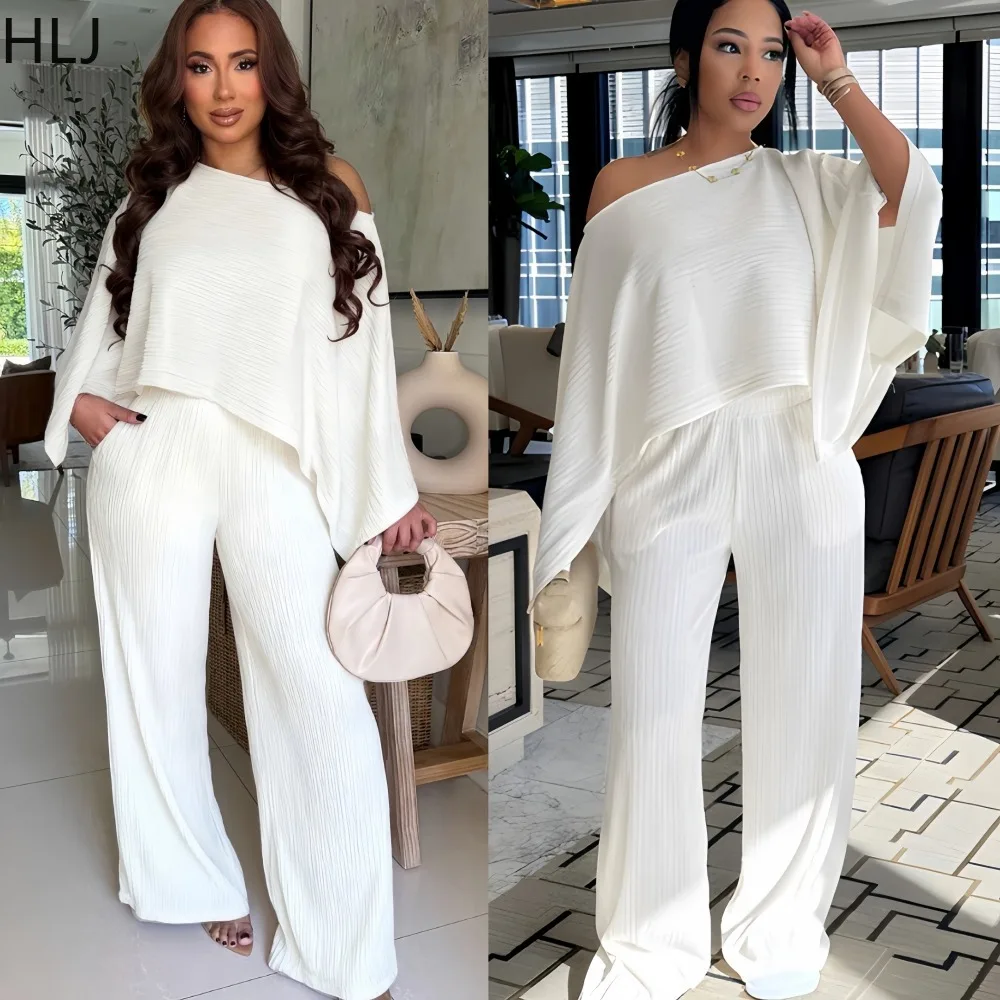 

HLJ Sexy Ruched Patchwork 2 Piece Sets Woman Outfit Off Showlder Batwing Sleeve Crop Top and Wide-leg Pants Female Streetwear