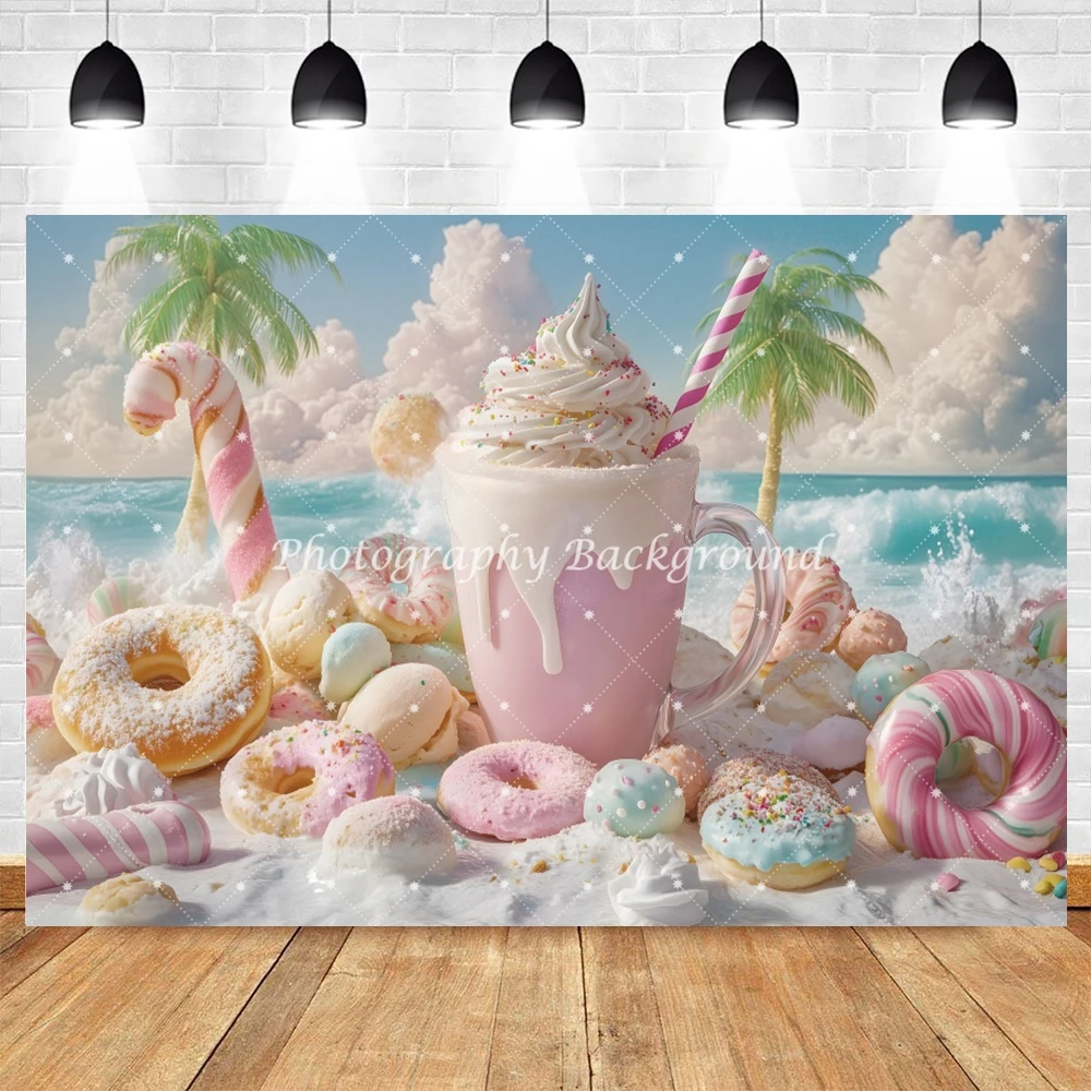 Summer Seaside Dessert Photography Backdrop Beach Palm Tree Ice Cream Donuts Kids Portrait Holiday Party Decor Photo Background