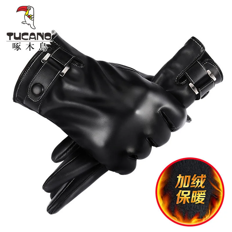 Woodpecker-guantes de cuero con pantalla táctil para hombre, guantes cálidos de cuero con forro polar para ciclismo al aire libre, novedad de 2023