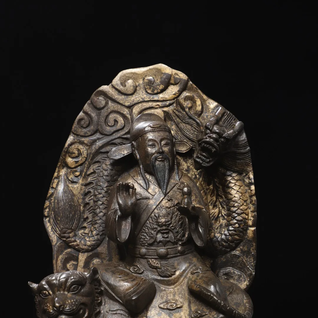 Old Bronze Gilded Cinnabar Medicine King Statue of Sun Simiao Dragon backlight Divine beast mount Wenfang Worship Hall