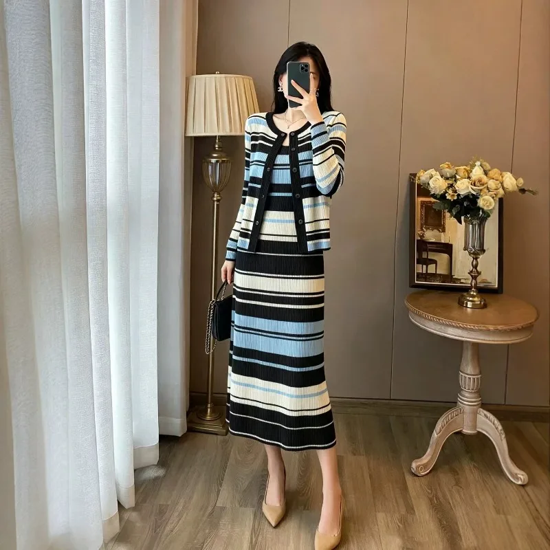 Miyake Pleated Skirt Set Plisse Women 2026 Autumn New Fold Striped Color Block Cardigan+Matching Pleats Dress Set Women Clothing