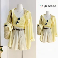 Summer 2024 New Fashion Split Strap Sunscreen Shirt with Hanging Strap High Waist Shorts Three Piece Set for Women