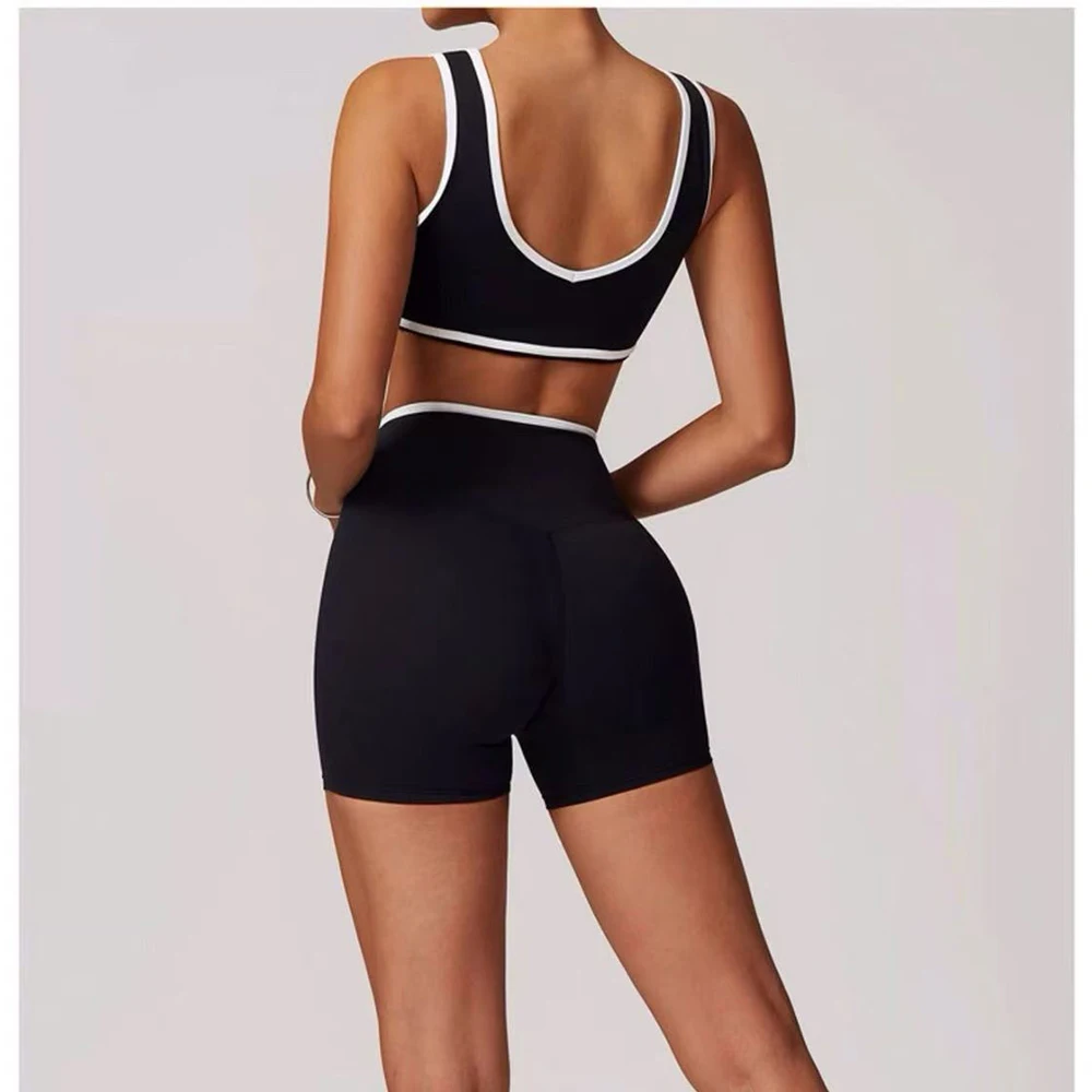 طقم يوجا نسائي عالي الخصر بظهر متقاطع وكتلة ألوان للجري واللياقة البدنية وإحساس ضيق ملابس رياضية بدون كم للارتداء النشط