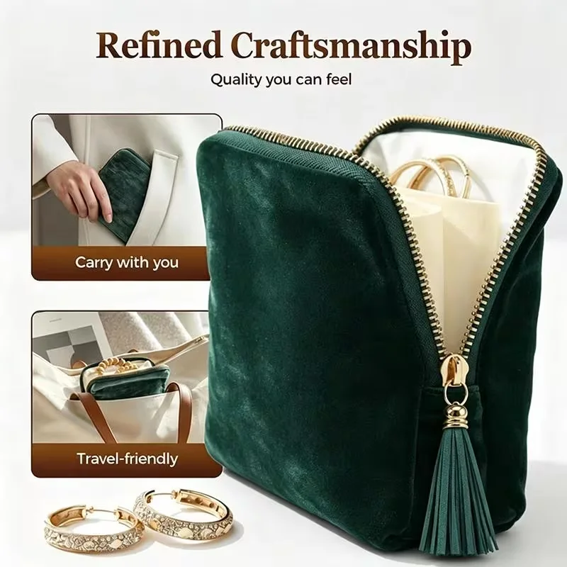 Velvet Travel Jewelry Bag Multi-Layer Bracelet Bangle Storage Pouch with Tassel Zipper Portable Jewelry Organizer Case for Women