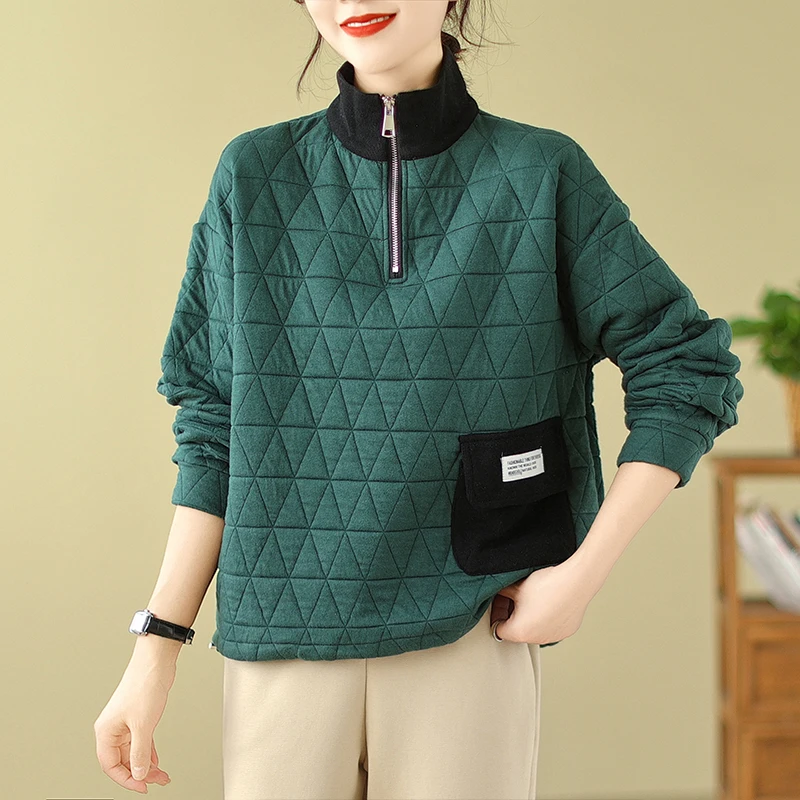 Baumwolle halben Reiß verschluss Frauen Roll kragen pullover Herbst Winter Mode Tasche Patchwork lose literarische einfache weibliche kurze Mäntel