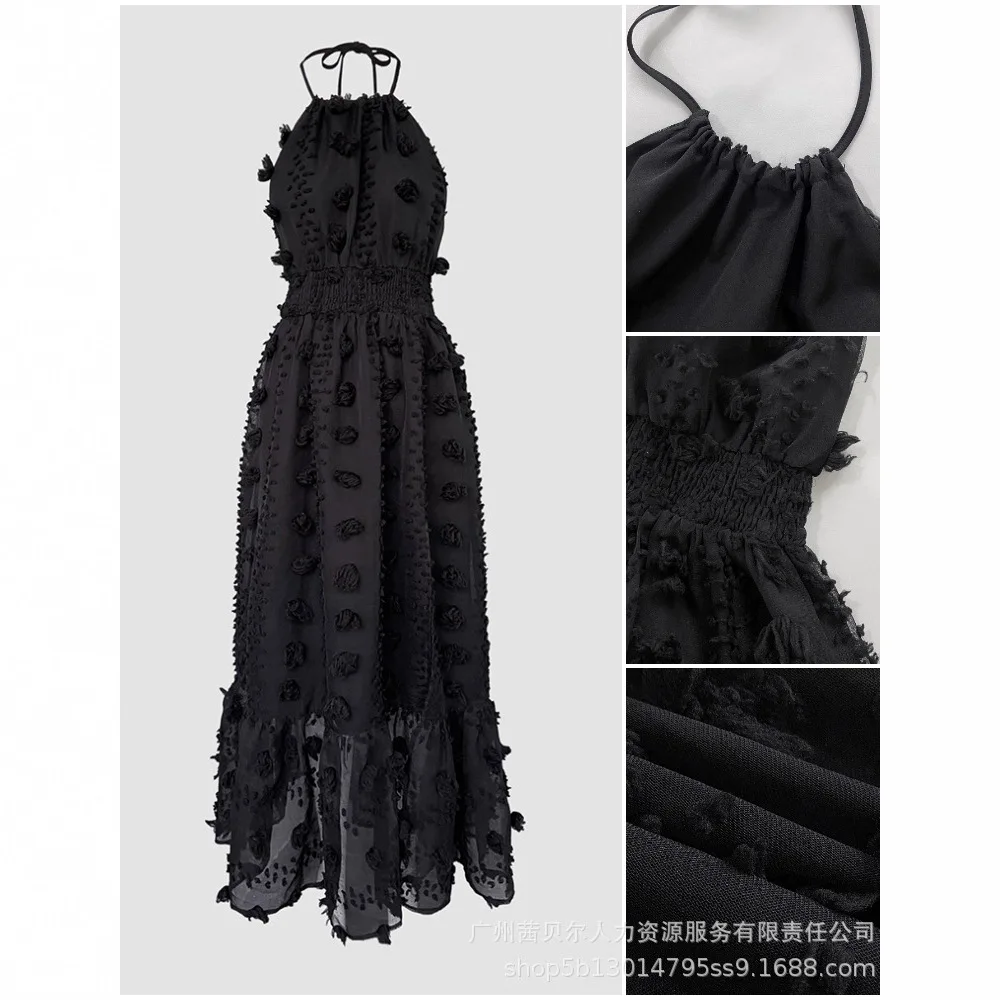 ハイウエストホルターネック3Dフラワーメッシュスリット入りイブニングドレス、バックレスシャーリングラッフルヘム、ダブルレイヤーマキシドレス（レディース）