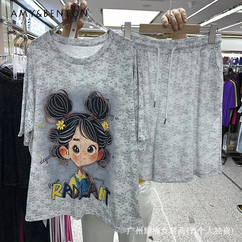 

Heavy Industry Hot-fix Rhinestone Girl's Loose-fit Short-sleeved T-shirt Top Elastic Waist Wide-leg Shorts 2-pcs Set Y2k Clothes