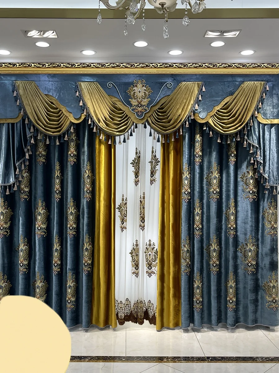 luxury high-grade  European Embroidery Velvet blue thick shade curtain valance tulle M1671