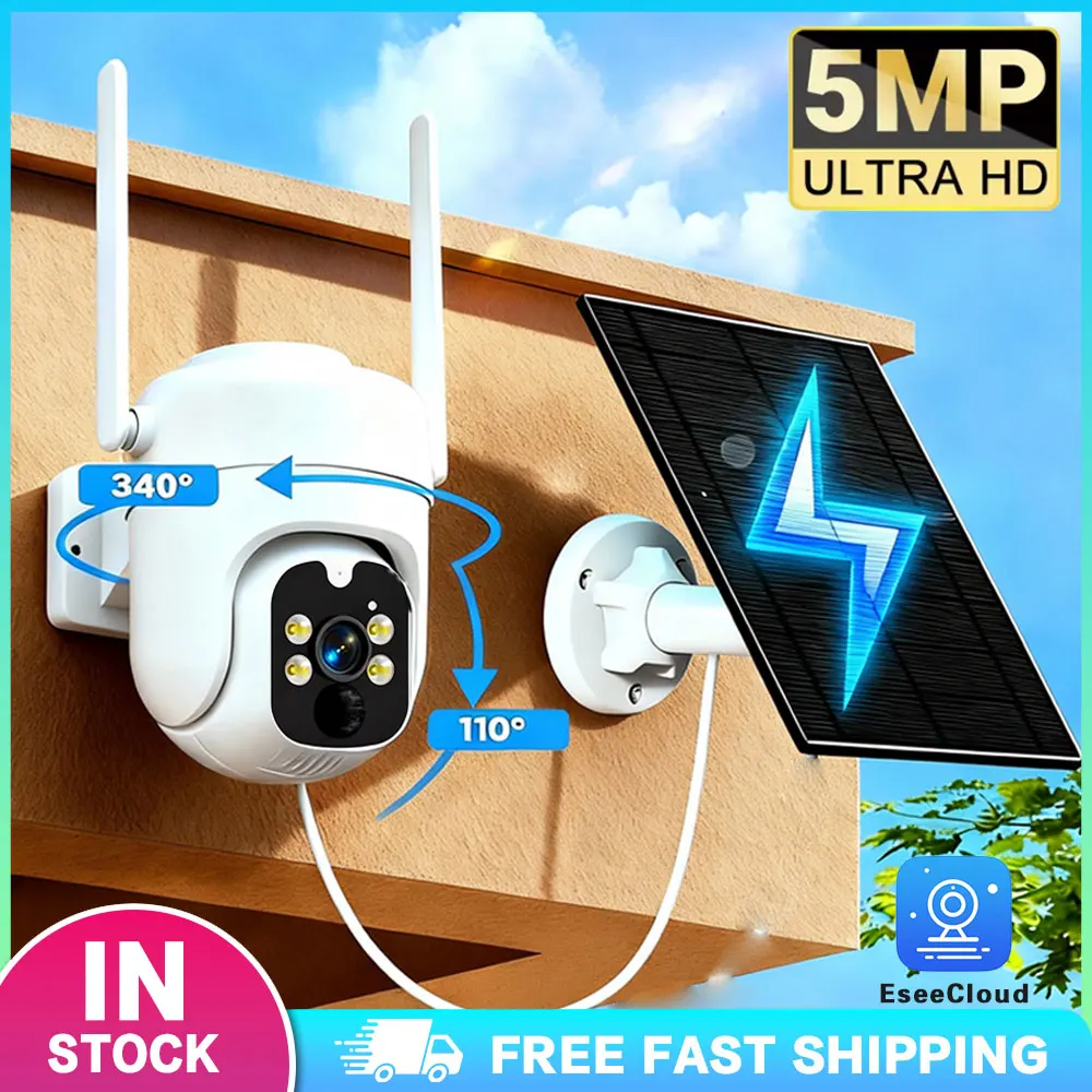 

Солнечная IP-камера видеонаблюдения PTZ 5 МП с Wi-Fi, водонепроницаемая IP66, с отслеживанием человека и полноцветным ночным видением